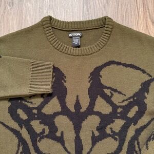 Hot Topic Mens Olive Green Graphic Knit Sweater Distressed Punk Goth Small